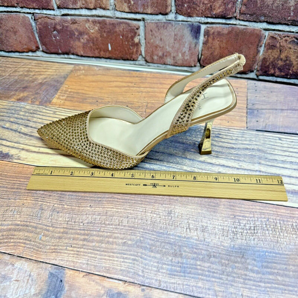 Halston Women's Hawaii Embellished Slingback Pointed Toe Heels Gold Rhinestone 8 - Picture 12 of 12
